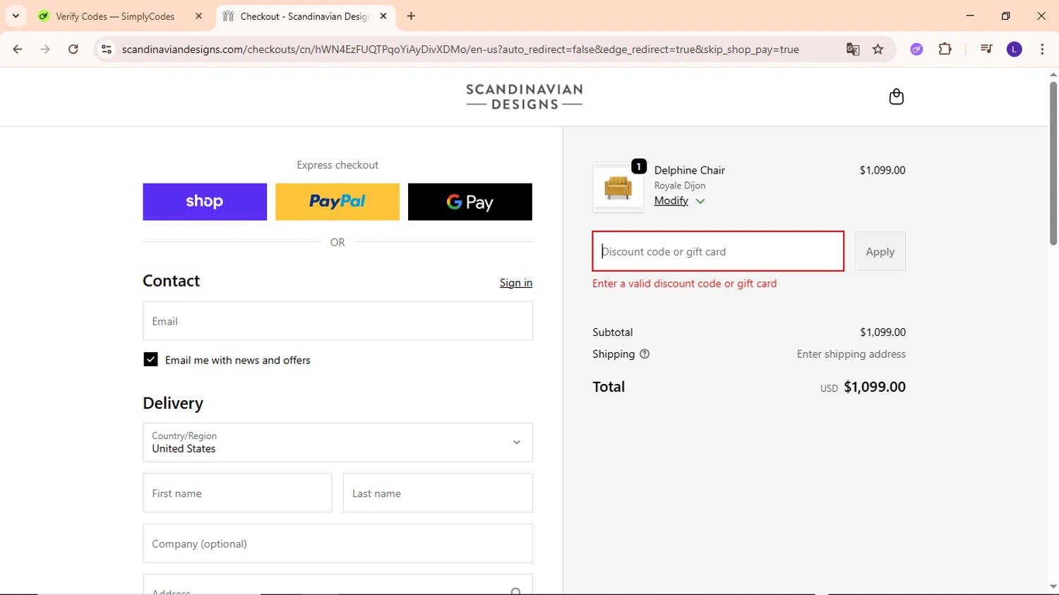 Scandinavian Designs discount code screenshot showing code WELCOME10 applied at Scandinavian Designs checkout page. Uploaded by SimplyCodes community member EpicWarden3081 on Oct 18, 2025