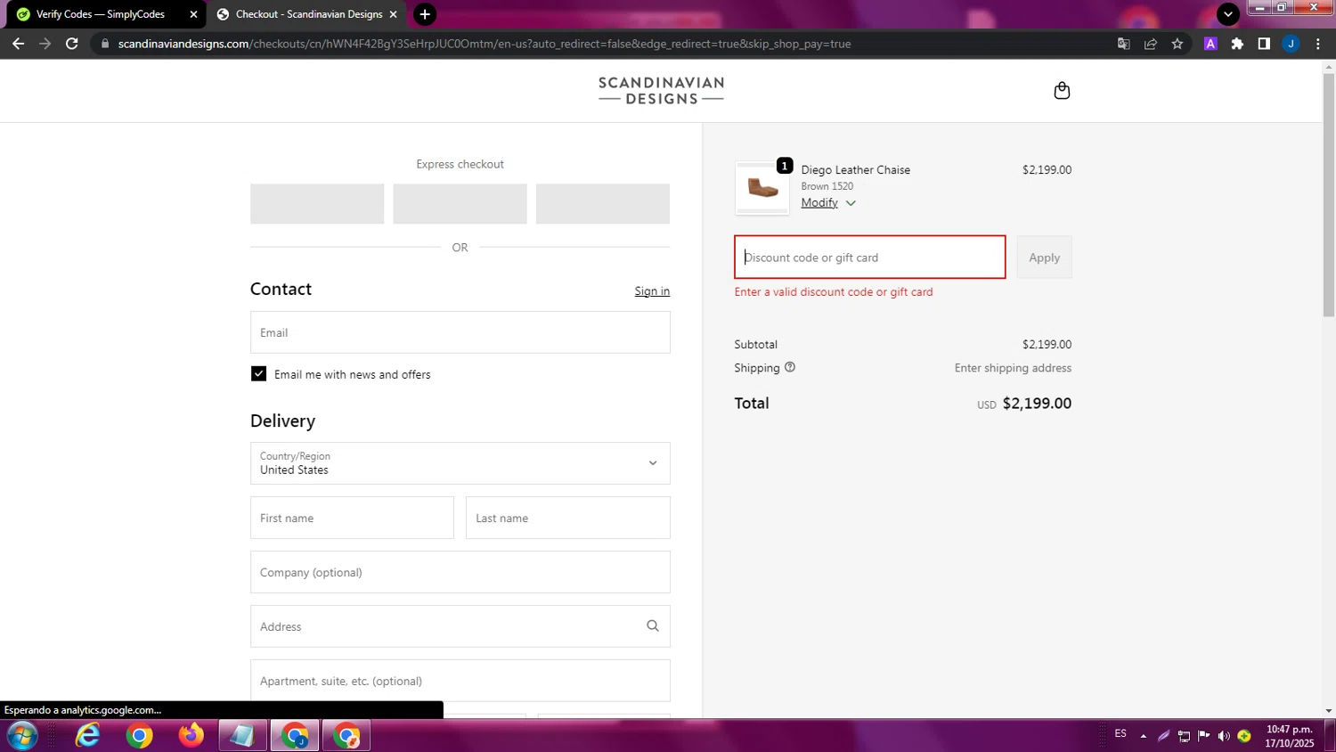 Scandinavian Designs discount code screenshot showing code WELCOME10 applied at Scandinavian Designs checkout page. Uploaded by SimplyCodes community member ExtraordinaryPhoenix9295 on Oct 18, 2025