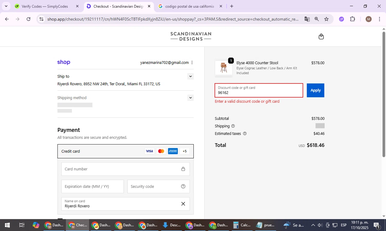 Scandinavian Designs discount code screenshot showing code WELCOME10 applied at Scandinavian Designs checkout page. Uploaded by SimplyCodes community member VoucherExpert8533 on Oct 18, 2025