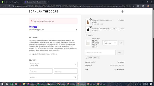 Scanlan Theodore checkout page showing Scanlan Theodore promo code box | Screenshot taken by SimplyCodes community member on Jul 6, 2025