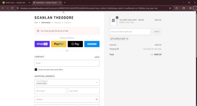Scanlan Theodore checkout page showing Scanlan Theodore promo code box | Screenshot taken by SimplyCodes community member on Aug 27, 2025
