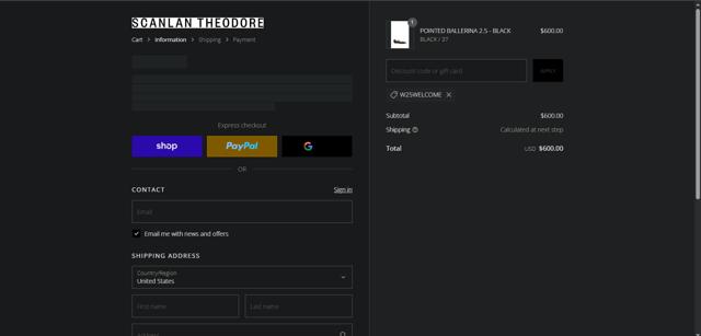 Scanlan Theodore checkout page showing Scanlan Theodore promo code box | Screenshot taken by SimplyCodes community member on Sep 12, 2025