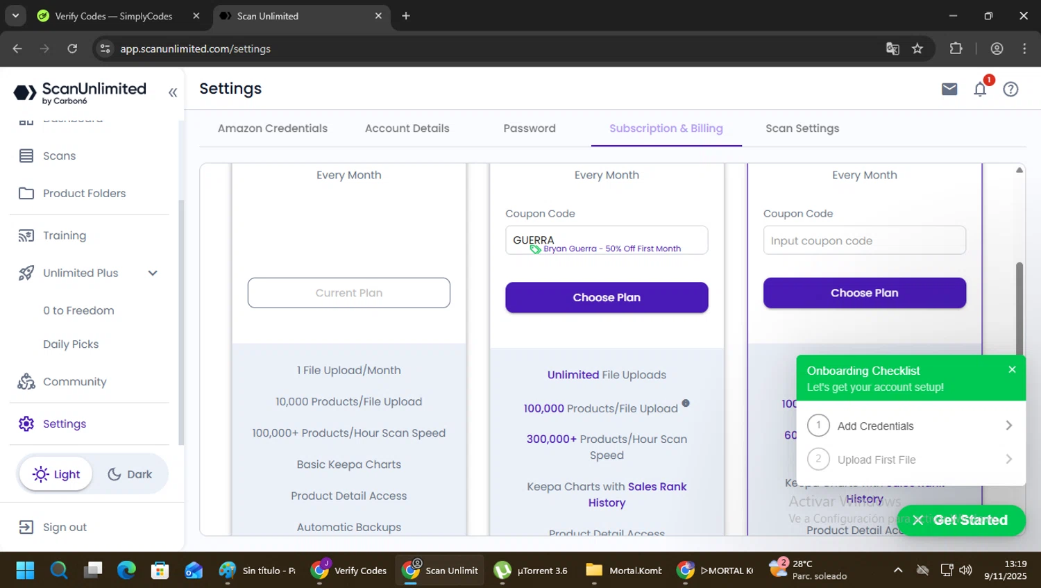 ScanUnlimited promo code screenshot showing code GUERRA applied at ScanUnlimited checkout page. Uploaded by SimplyCodes community member CrownPhoenix4297 on Nov 9, 2025