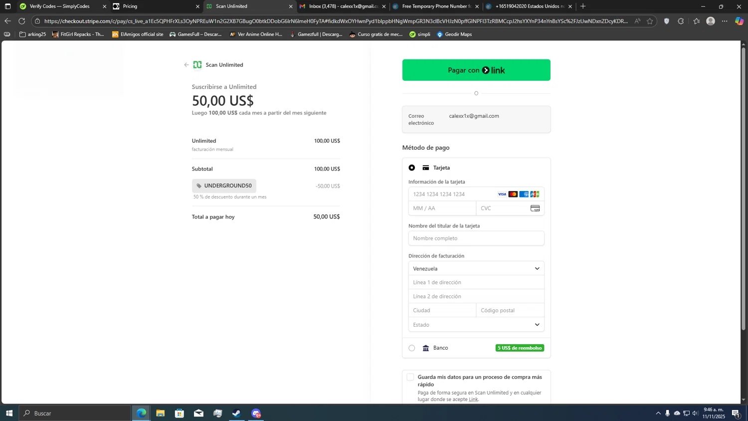 ScanUnlimited promo code screenshot showing code UNDERGROUND50 applied at ScanUnlimited checkout page. Uploaded by SimplyCodes community member CoinLegend5168 on Nov 11, 2025