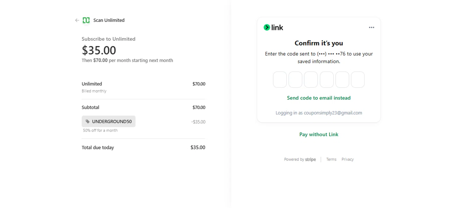 ScanUnlimited promo code screenshot showing code UNDERGROUND50 applied at ScanUnlimited checkout page. Uploaded by SimplyCodes community member IsabellaMillan on Oct 14, 2025