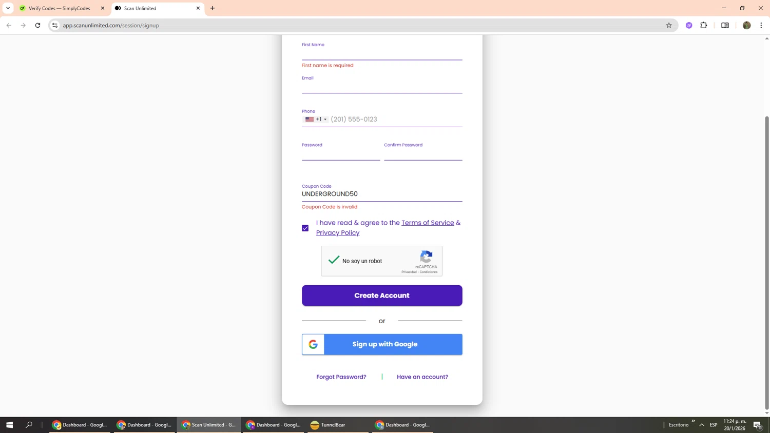 ScanUnlimited promo code screenshot showing code UNDERGROUND50 applied at ScanUnlimited checkout page. Uploaded by SimplyCodes community member Phoenix585 on Jan 21, 2026