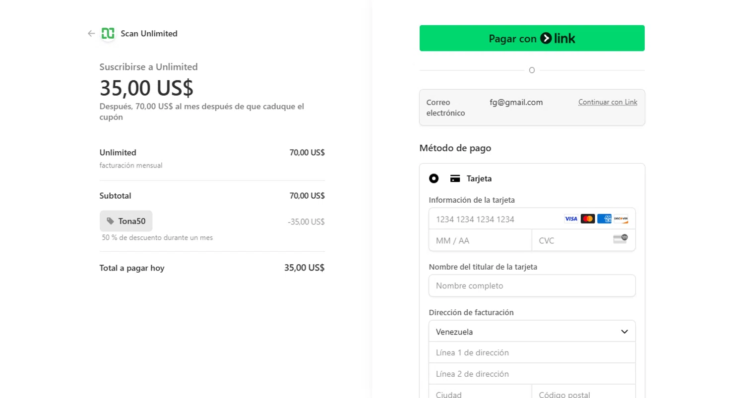 ScanUnlimited promo code screenshot showing code Tona50 applied at ScanUnlimited checkout page. Uploaded by SimplyCodes community member Omega77 on Jun 30, 2025