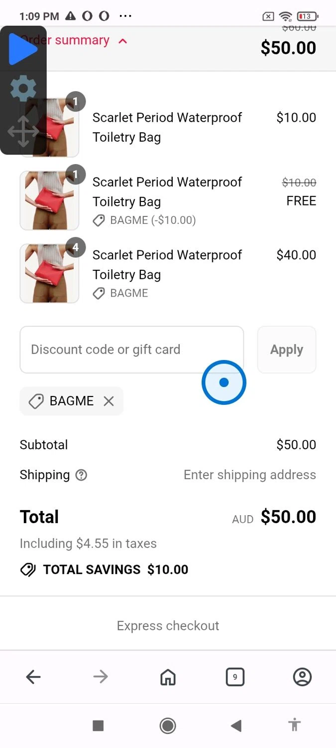 Scarlet promo code screenshot showing code BAGME applied at Scarlet checkout page. Uploaded by SimplyCodes community member miguelcrast on Aug 4, 2025