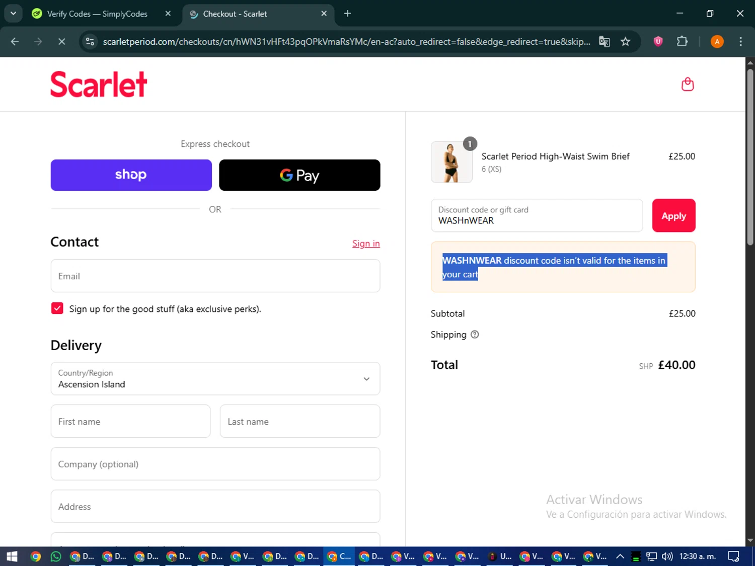 Scarlet promo code screenshot showing code WASHnWEAR applied at Scarlet checkout page. Uploaded by SimplyCodes community member MoneyPhoenix4664 on Sep 16, 2025