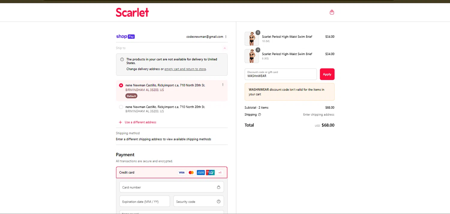 Scarlet promo code screenshot showing code WASHnWEAR applied at Scarlet checkout page. Uploaded by SimplyCodes community member larenacida on Jul 26, 2025
