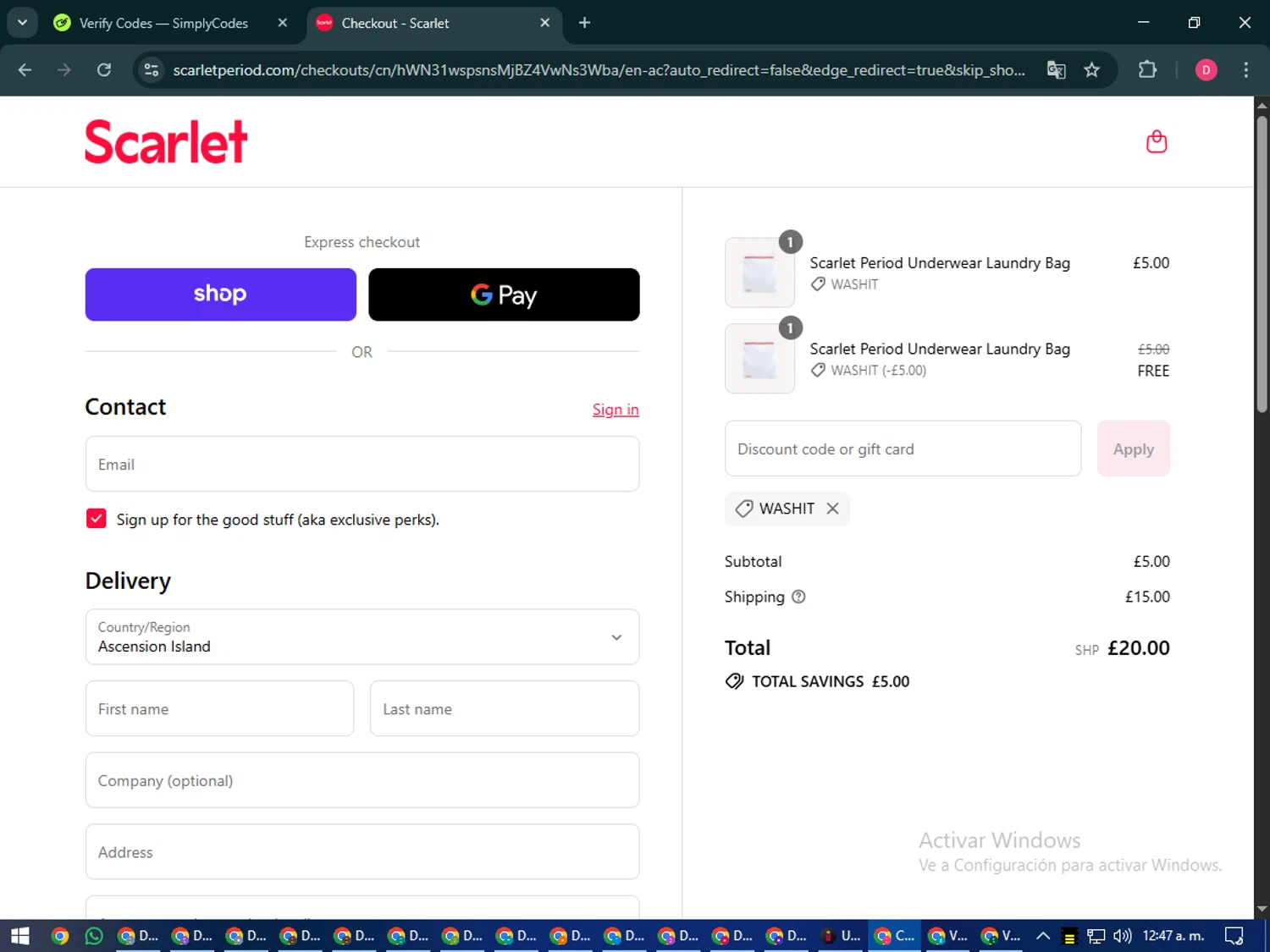 Scarlet promo code screenshot showing code WASHIT applied at Scarlet checkout page. Uploaded by SimplyCodes community member MoneySeeker7165 on Sep 16, 2025