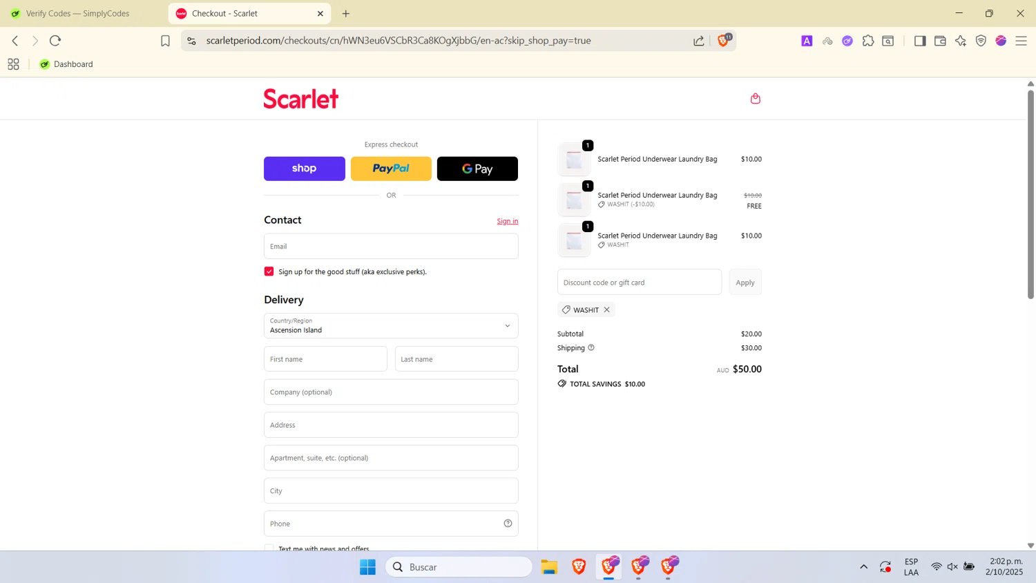 Scarlet promo code screenshot showing code WASHIT applied at Scarlet checkout page. Uploaded by SimplyCodes community member SwiftTracker9305 on Oct 2, 2025