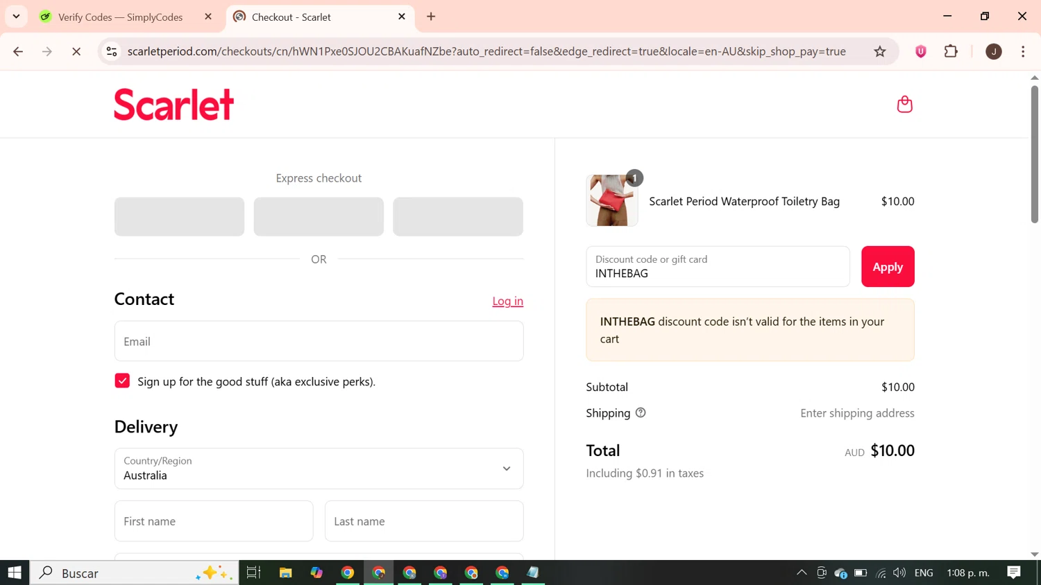 Scarlet promo code screenshot showing code INTHEBAG applied at Scarlet checkout page. Uploaded by SimplyCodes community member PrimeGenius2371 on Aug 4, 2025