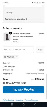NIGHT22 coupon verification screenshot
