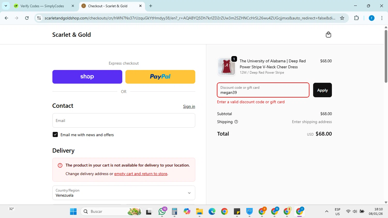 Scarlet & Gold promo code screenshot showing code megan39 applied at Scarlet & Gold checkout page. Uploaded by SimplyCodes community member FRANCYCASERES12 on Jan 8, 2026