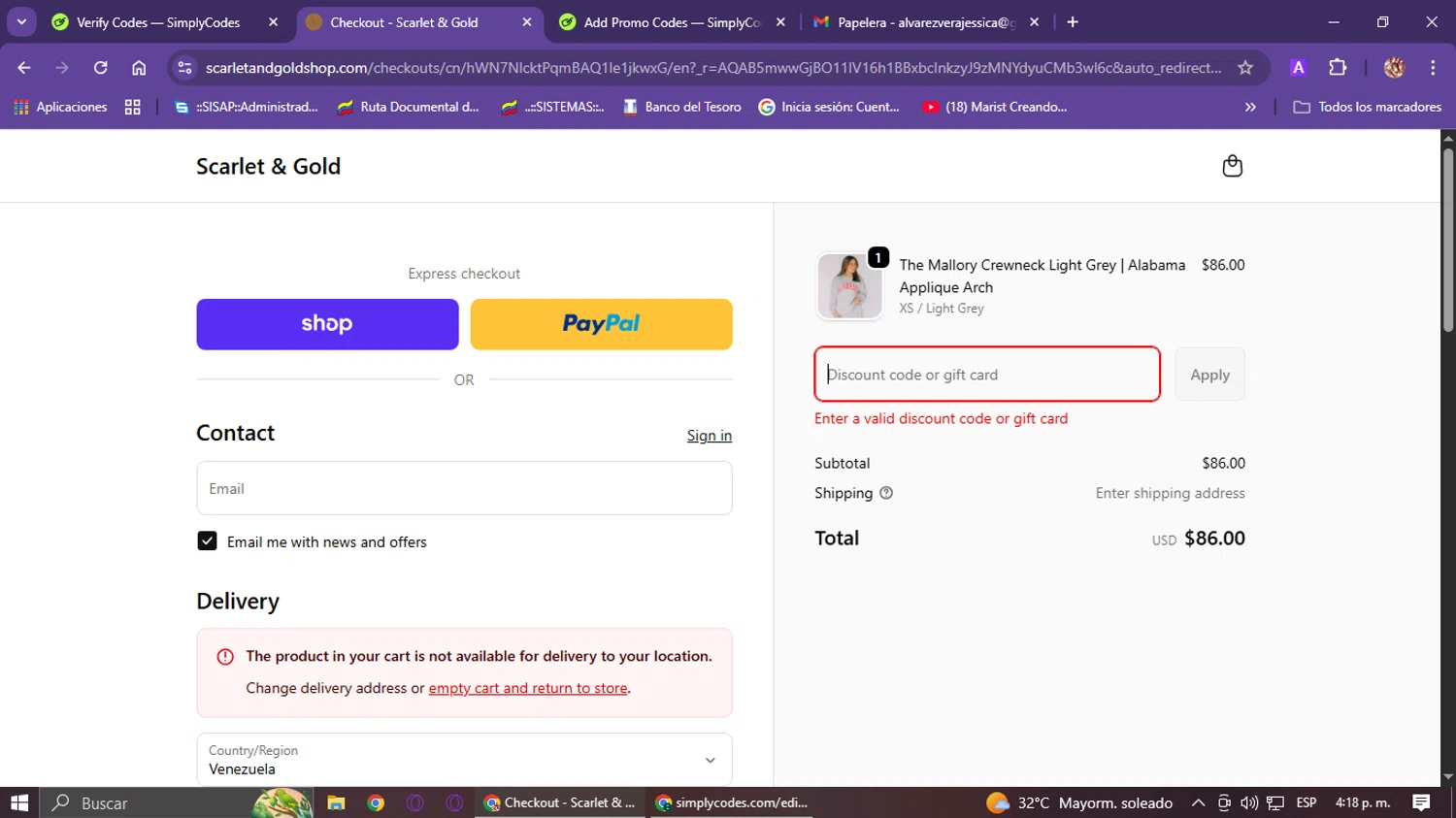 Scarlet & Gold promo code screenshot showing code megan39 applied at Scarlet & Gold checkout page. Uploaded by SimplyCodes community member Jessica_Alvarez on Jan 8, 2026