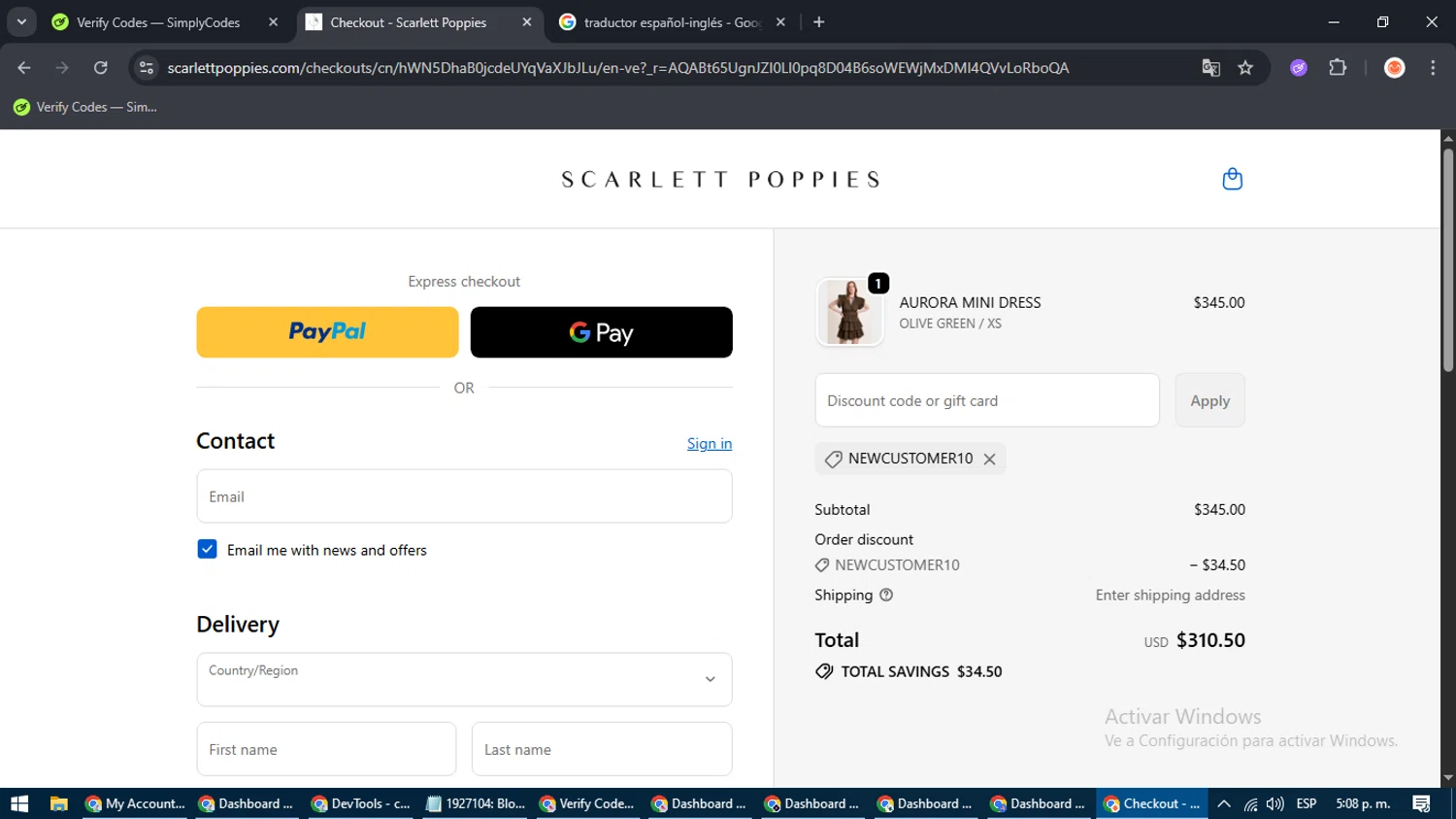 Scarlett Poppies promo code screenshot showing code NEWCUSTOMER10 applied at Scarlett Poppies checkout page. Uploaded by SimplyCodes community member ValiantTitan4231 on Nov 12, 2025