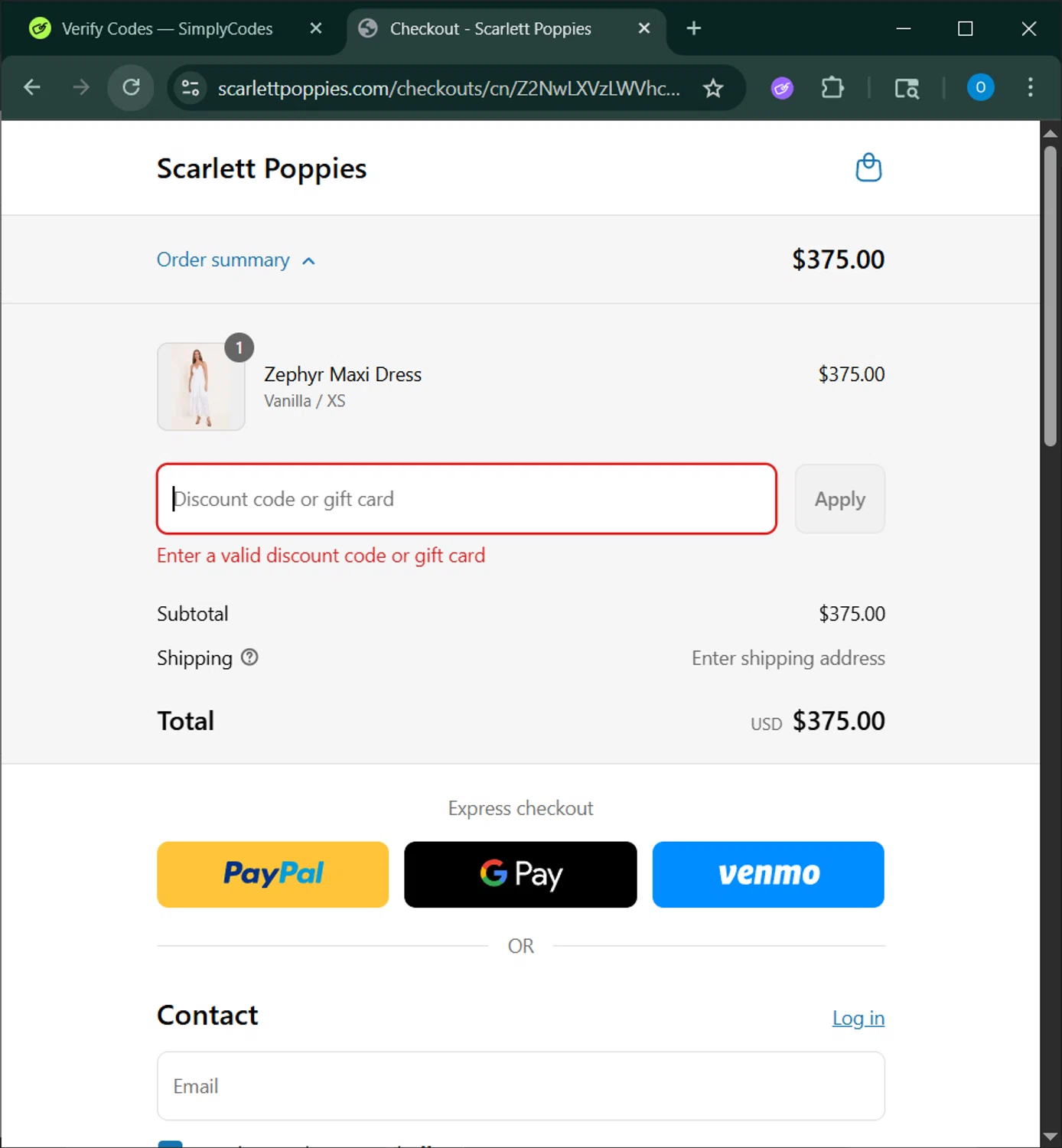 Scarlett Poppies promo code screenshot showing code earlysummer15 applied at Scarlett Poppies checkout page. Uploaded by SimplyCodes community member GoldChaser6627 on Jun 6, 2025