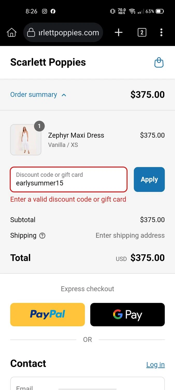 Scarlett Poppies promo code screenshot showing code earlysummer15 applied at Scarlett Poppies checkout page. Uploaded by SimplyCodes community member Wonderwoman82 on Jun 7, 2025