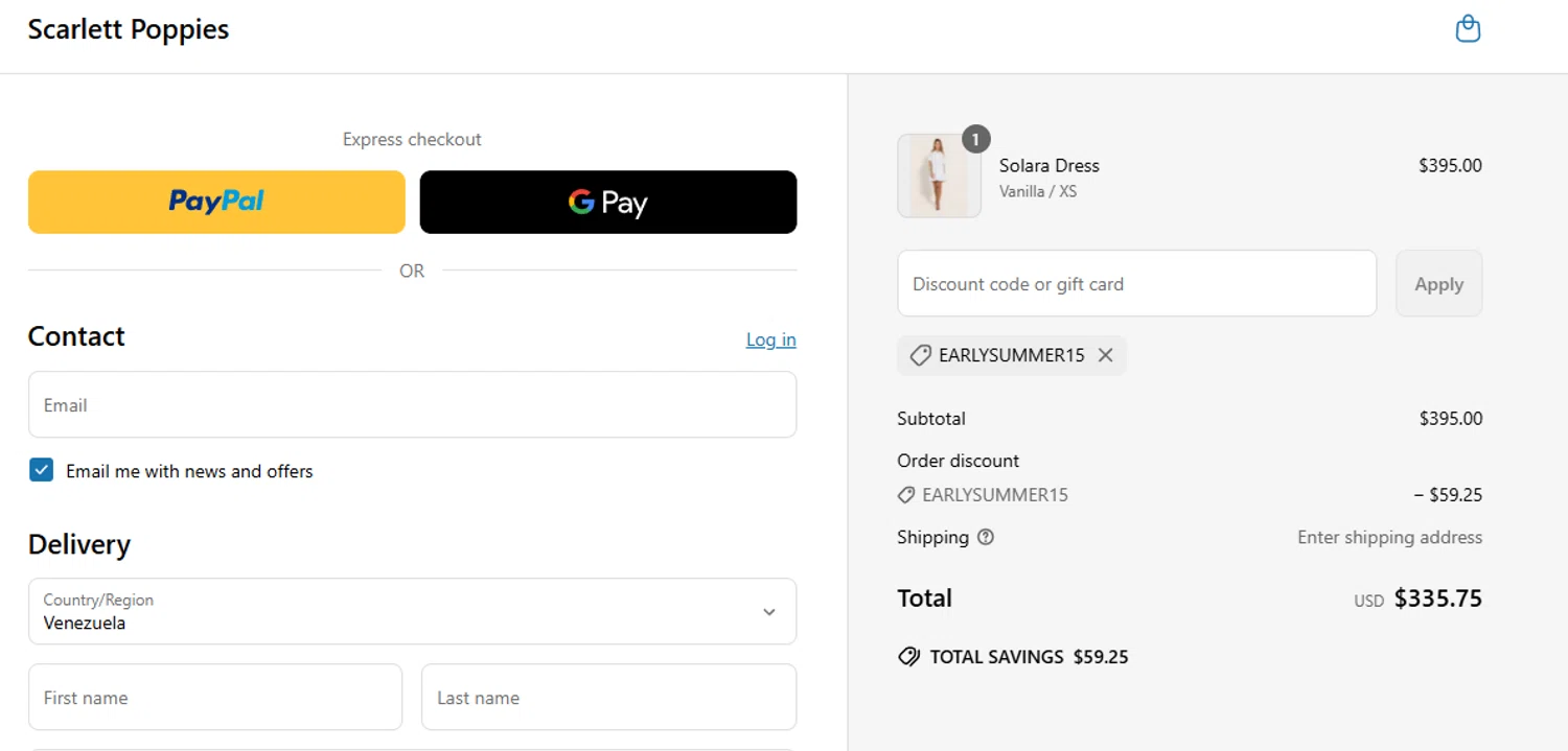Scarlett Poppies promo code screenshot showing code earlysummer15 applied at Scarlett Poppies checkout page. Uploaded by SimplyCodes community member salepmigajera on May 15, 2025