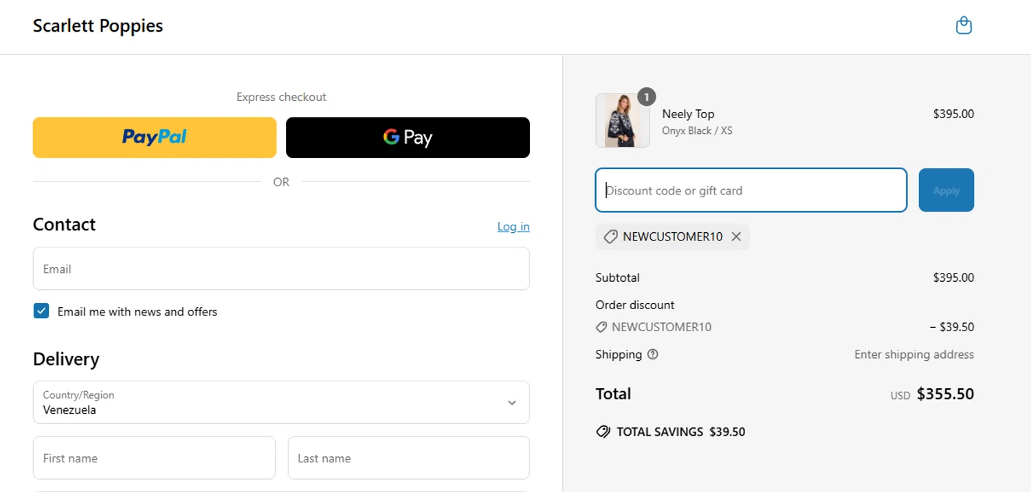 Scarlett Poppies promo code screenshot showing code NEWCUSTOMER10 applied at Scarlett Poppies checkout page. Uploaded by SimplyCodes community member aumentadax10 on Mar 17, 2025