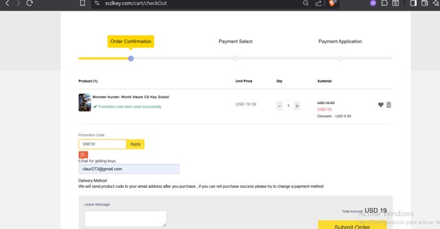 SCDKey checkout page showing SCDKey coupon code box | Screenshot taken by SimplyCodes community member on Jul 31, 2025
