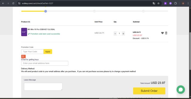 SCDKey checkout page showing SCDKey coupon code box | Screenshot taken by SimplyCodes community member on Jul 31, 2025