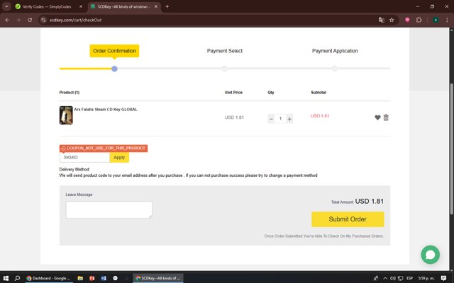 SCDKey checkout page showing SCDKey coupon code box | Screenshot taken by SimplyCodes community member on Aug 13, 2025