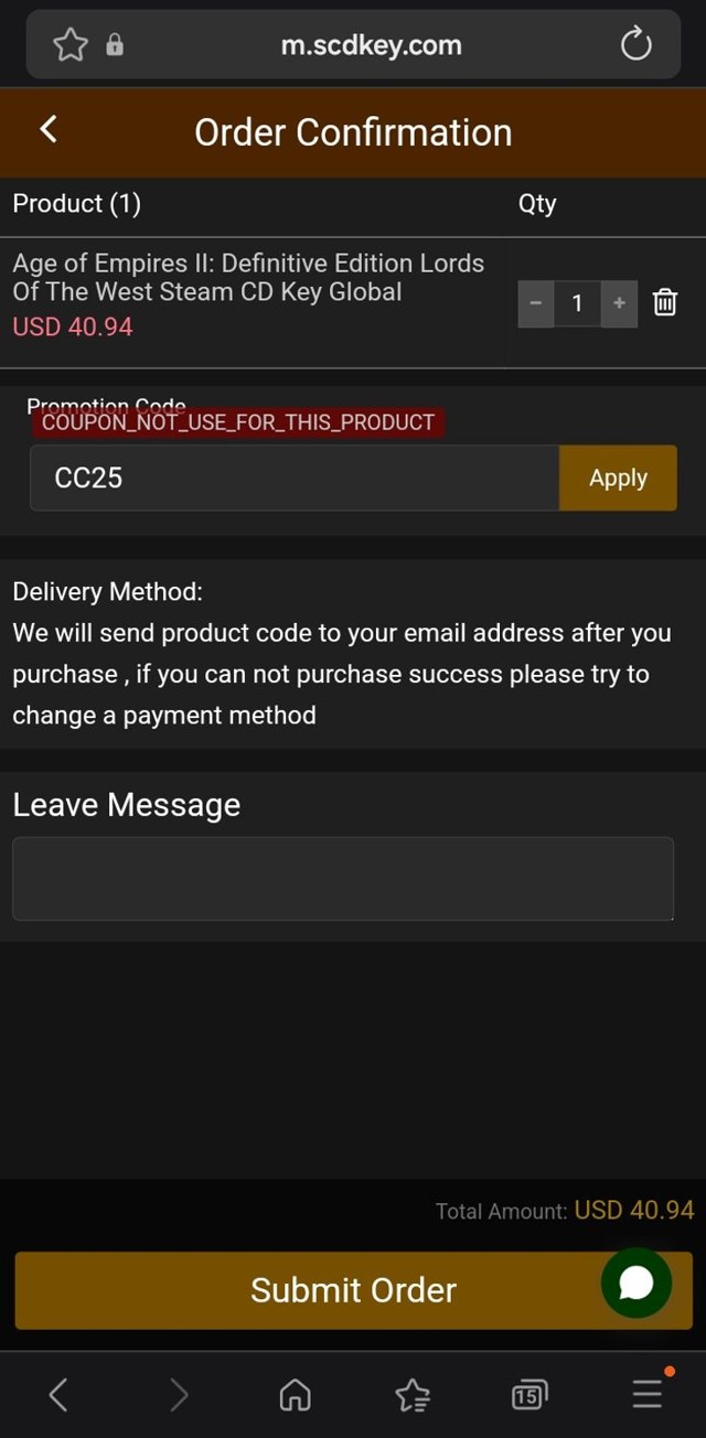 SCDKey checkout page showing SCDKey coupon code box | Screenshot taken by SimplyCodes community member on Aug 29, 2025
