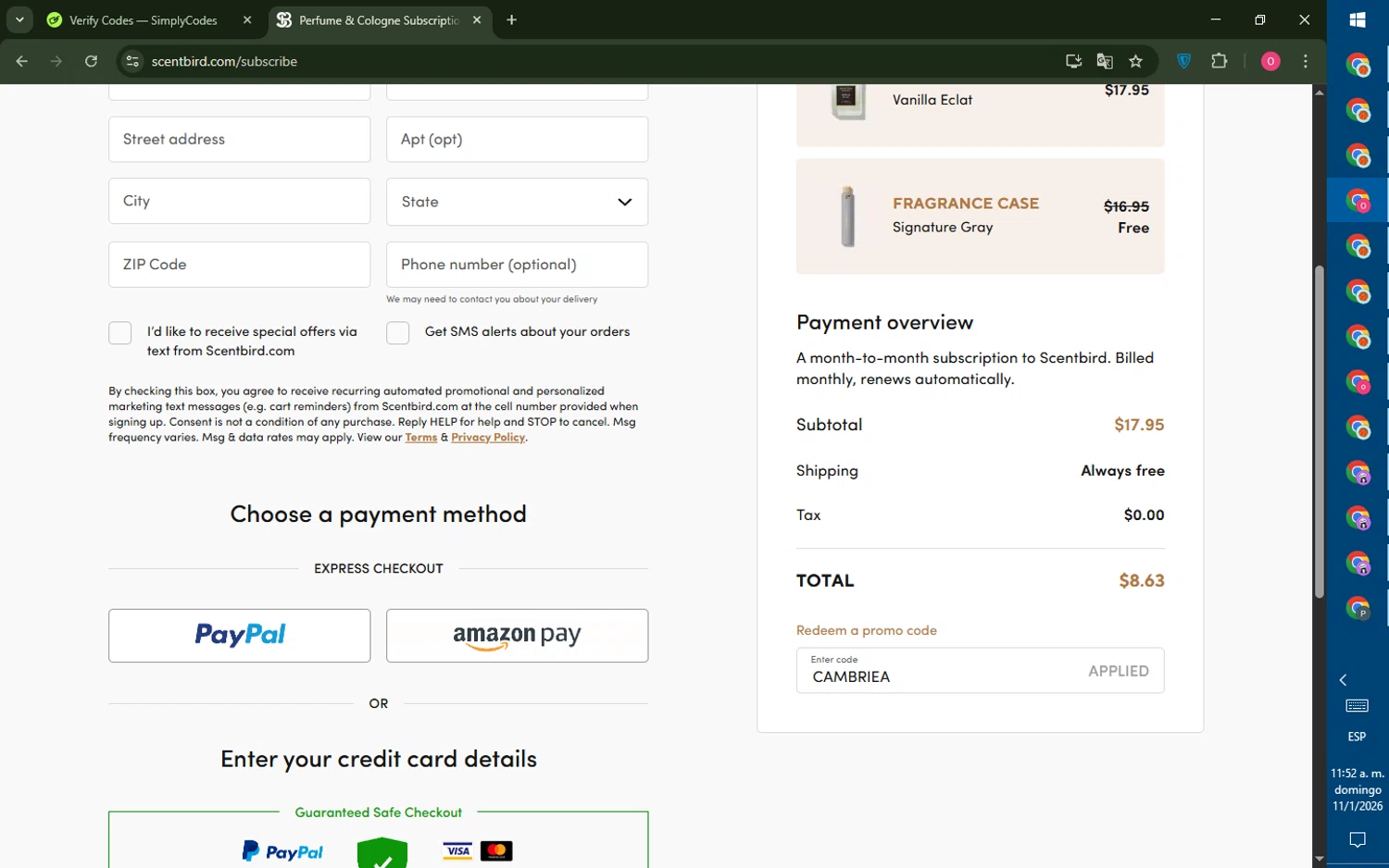 ScentBird promo code screenshot showing code CAMBRIEA applied at ScentBird checkout page. Uploaded by SimplyCodes community member LegendaryRanger6350 on Jan 11, 2026