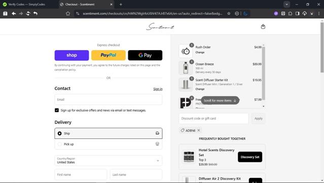 Scentiment checkout page showing Scentiment coupon code box | Screenshot taken by SimplyCodes community member on Sep 15, 2025