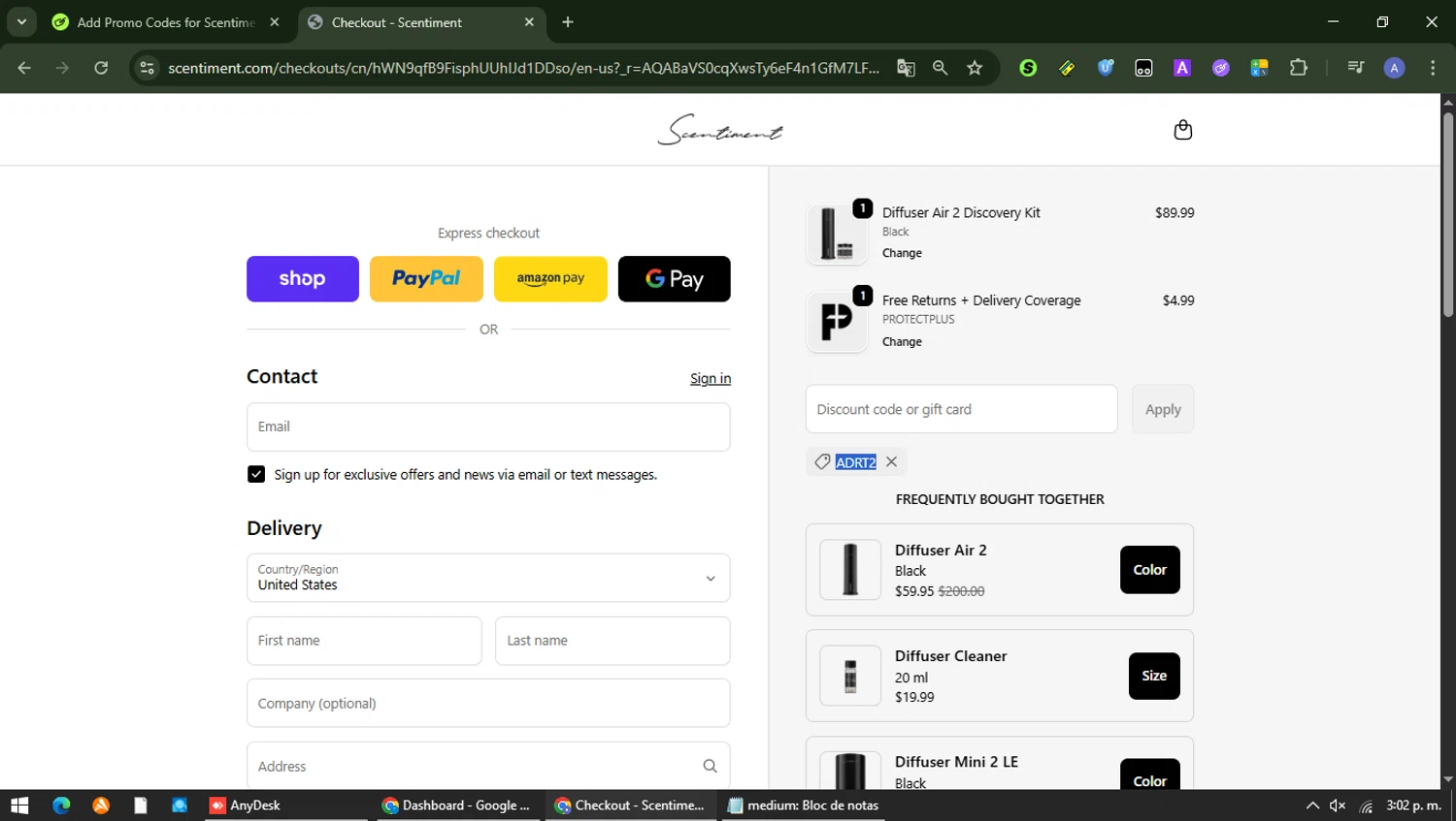 Scentiment promo code screenshot showing code ADRT2 applied at Scentiment checkout page. Uploaded by SimplyCodes community member Carolina23 on Apr 18, 2026