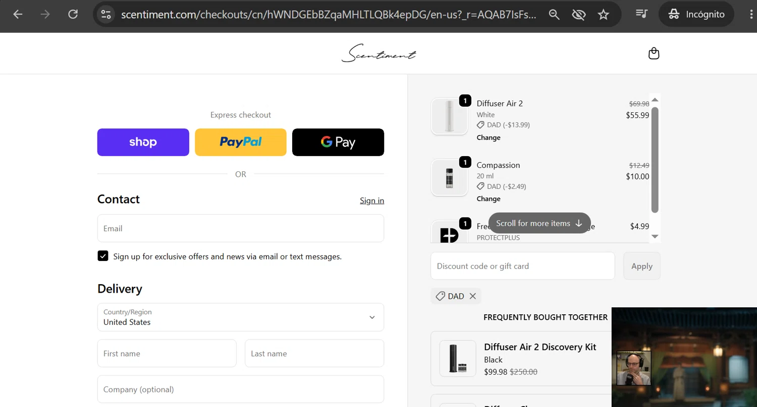 Scentiment promo code screenshot showing code DAD applied at Scentiment checkout page. Uploaded by SimplyCodes community member anosesmith on Jun 12, 2026