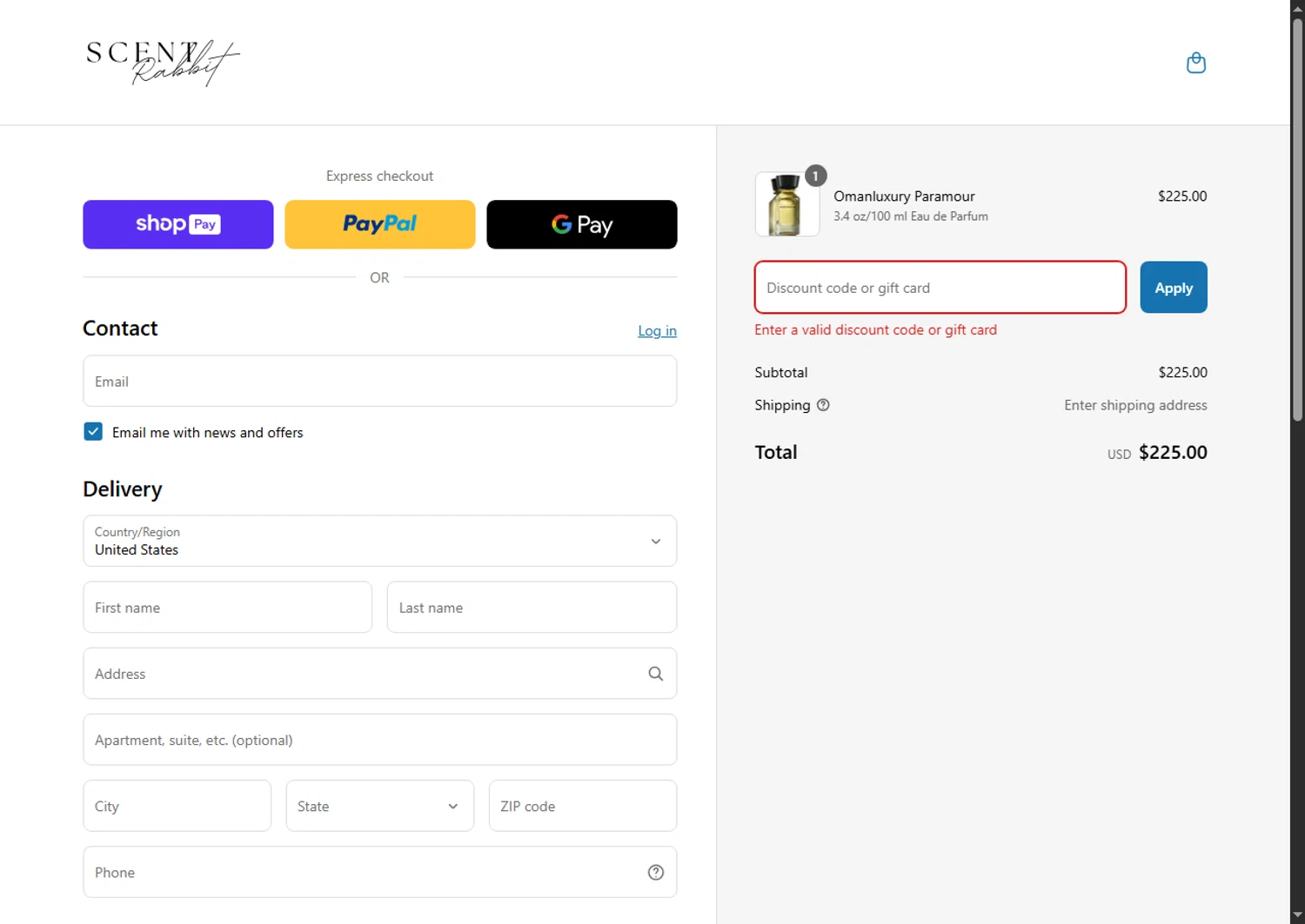 ScentRabbit promo code screenshot showing code OMAN25 applied at ScentRabbit checkout page. Uploaded by SimplyCodes community member Sadalsuud on Apr 9, 2025