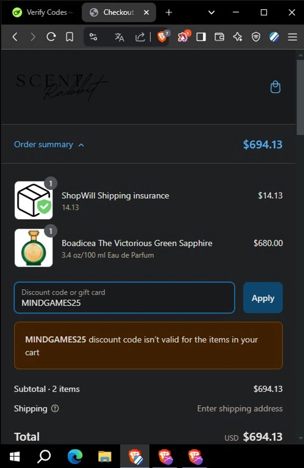 ScentRabbit promo code screenshot showing code MINDGAMES25 applied at ScentRabbit checkout page. Uploaded by SimplyCodes community member Yoseff on Mar 13, 2025