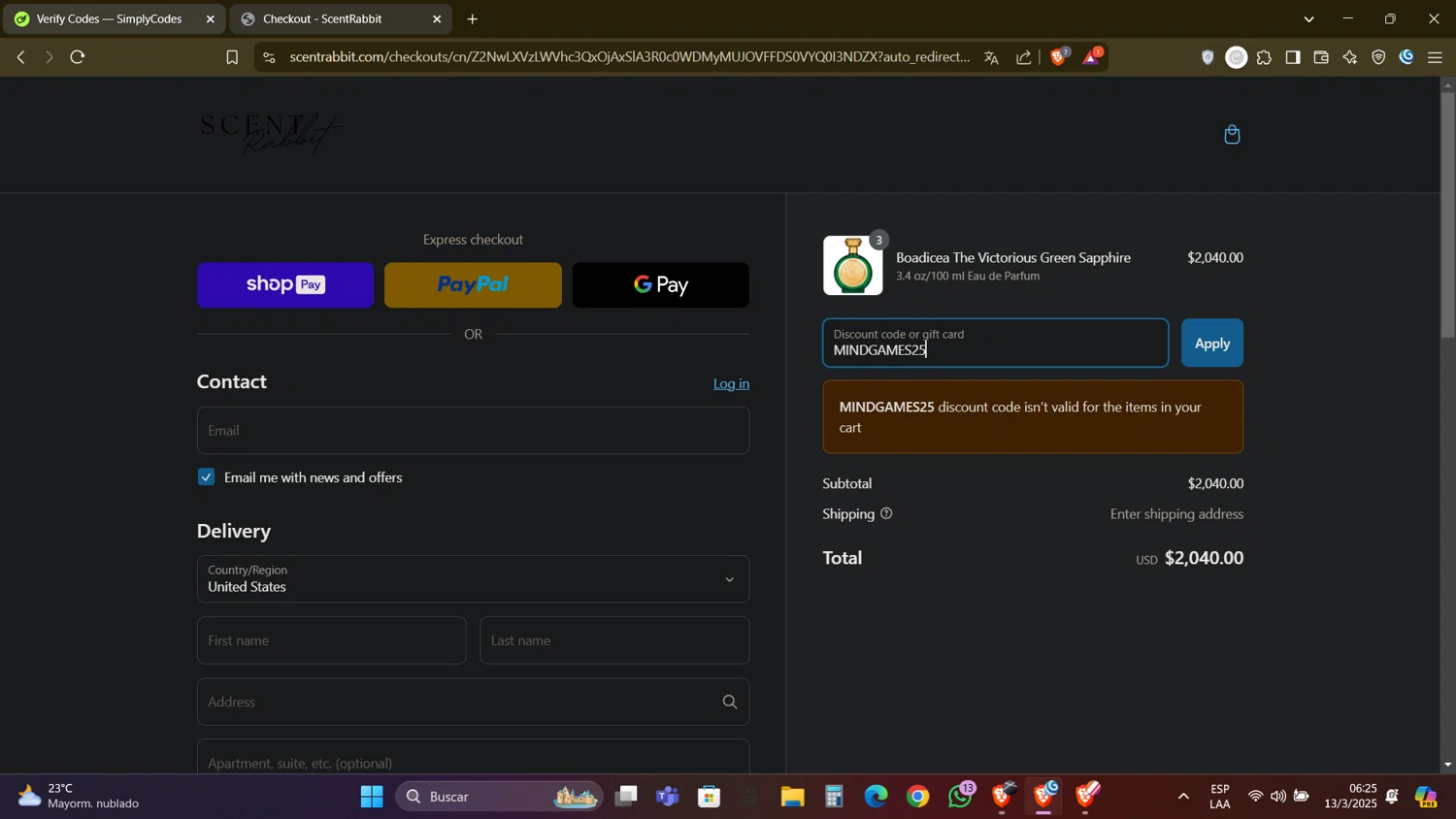 ScentRabbit promo code screenshot showing code MINDGAMES25 applied at ScentRabbit checkout page. Uploaded by SimplyCodes community member DealAdmiral5466 on Mar 13, 2025