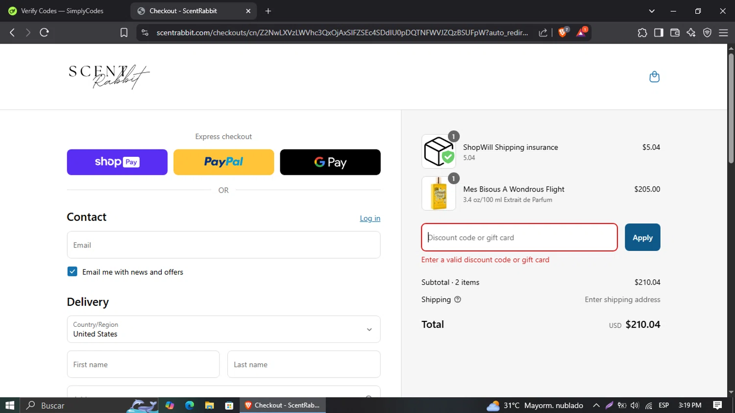 ScentRabbit promo code screenshot showing code MESBISOUS20 applied at ScentRabbit checkout page. Uploaded by SimplyCodes community member Suguru_Geto on Apr 3, 2025