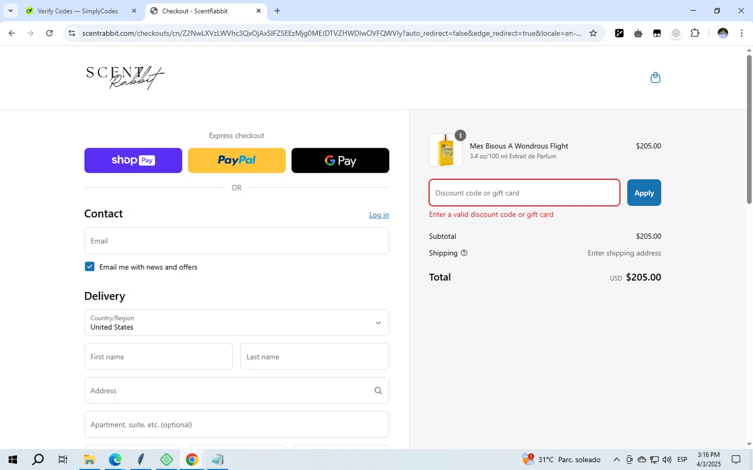 ScentRabbit promo code screenshot showing code MESBISOUS20 applied at ScentRabbit checkout page. Uploaded by SimplyCodes community member GloriousWizard5474 on Apr 3, 2025