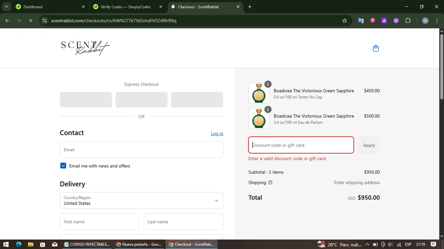 ScentRabbit promo code screenshot showing code MOTHERS5 applied at ScentRabbit checkout page. Uploaded by SimplyCodes community member CrownWizard4992 on Aug 23, 2025