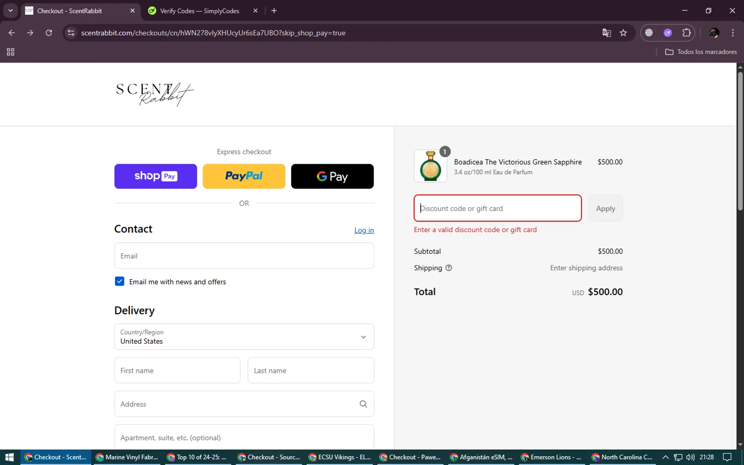 ScentRabbit promo code screenshot showing code MOTHERS5 applied at ScentRabbit checkout page. Uploaded by SimplyCodes community member LegendaryWarden2503 on Aug 23, 2025