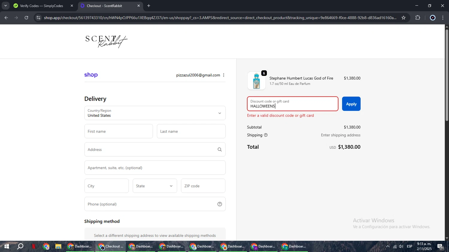 ScentRabbit promo code screenshot showing code HALLOWEEN5 applied at ScentRabbit checkout page. Uploaded by SimplyCodes community member RoyalBoss4384 on Nov 2, 2025