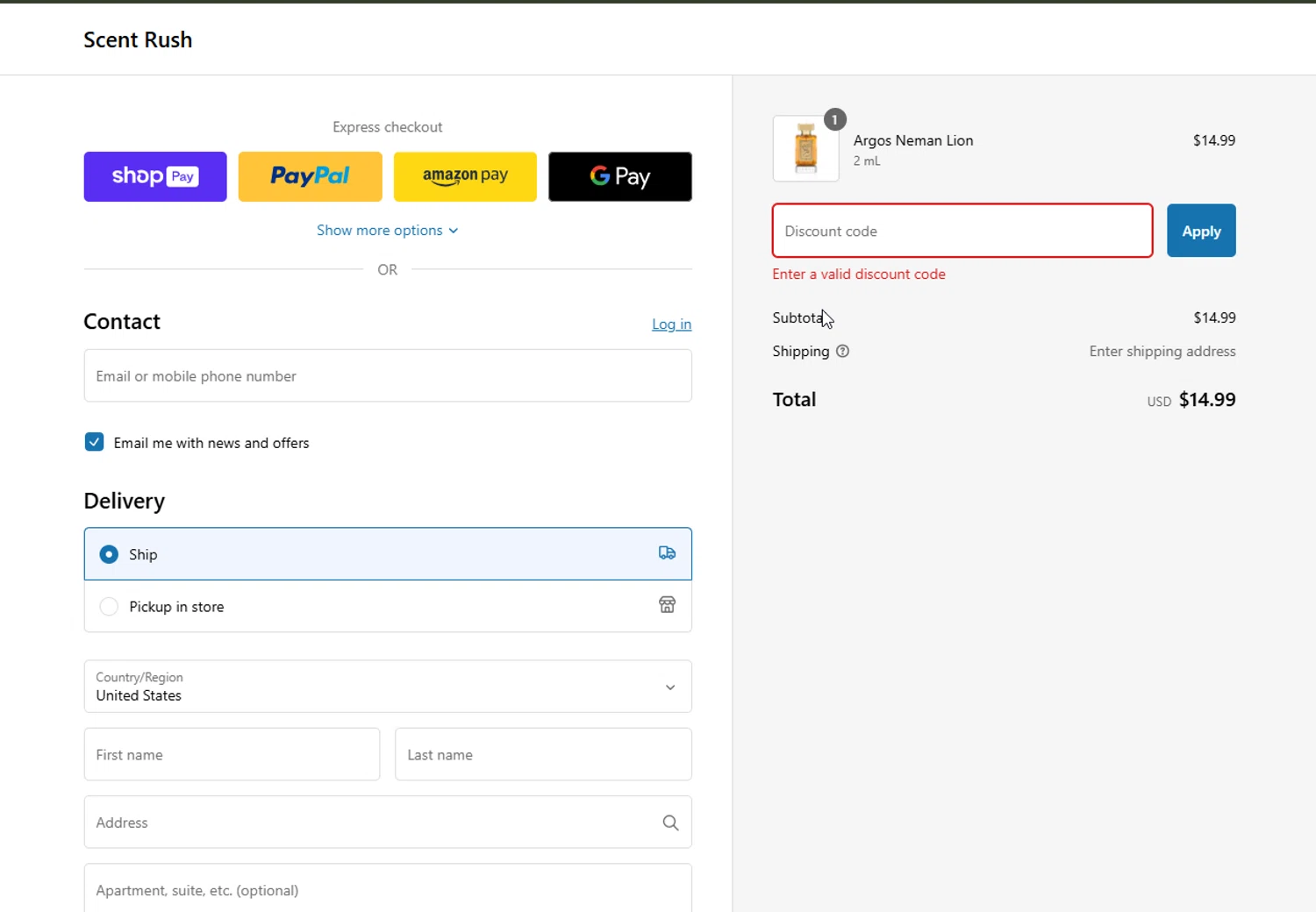 Scent Rush discount code screenshot showing code take10 applied at Scent Rush checkout page. Uploaded by SimplyCodes community member CapitanCentella on Jan 1, 2025