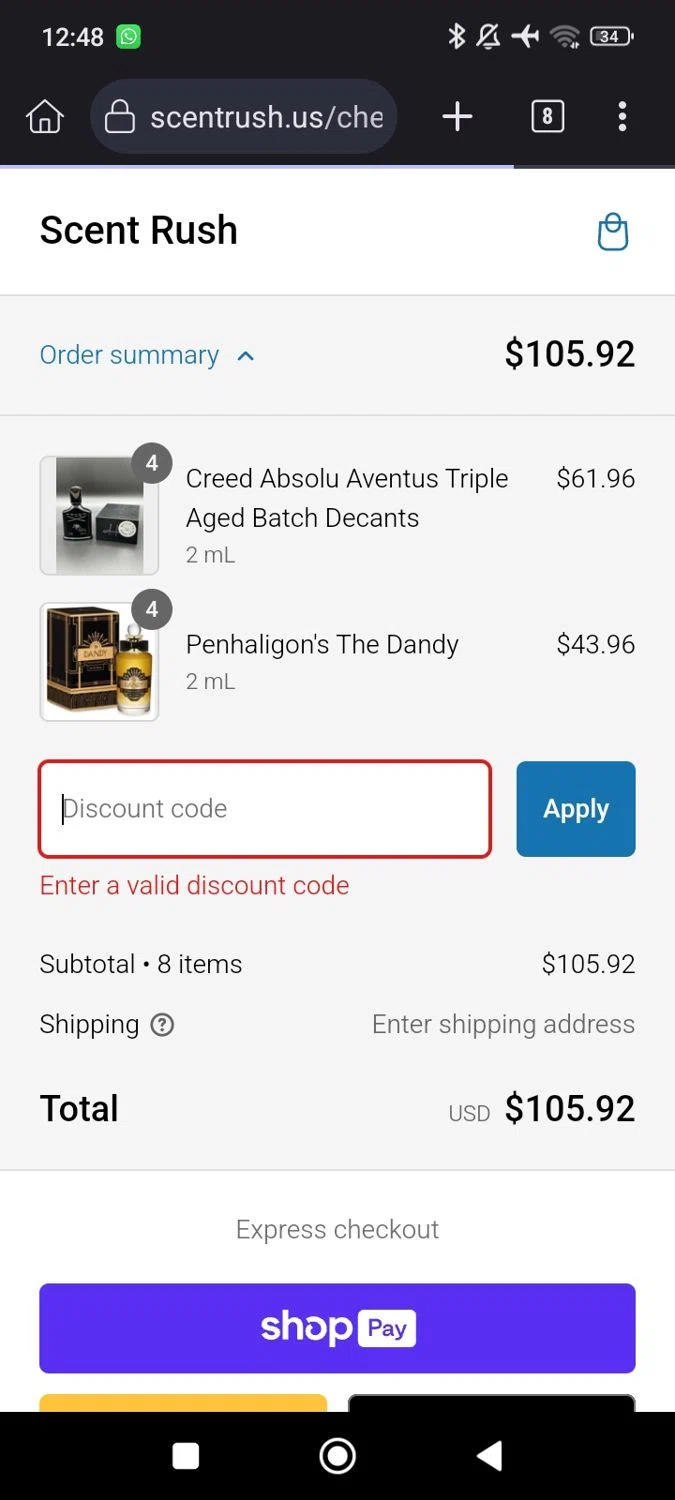 Scent Rush discount code screenshot showing code take10 applied at Scent Rush checkout page. Uploaded by SimplyCodes community member RomeoSantos on Jan 1, 2025