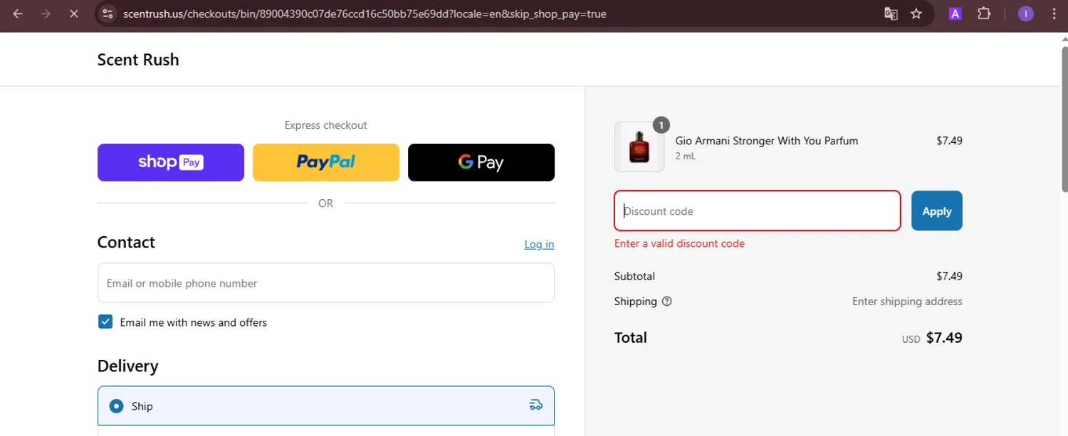Scent Rush discount code screenshot showing code take10 applied at Scent Rush checkout page. Uploaded by SimplyCodes community member joineds on Mar 20, 2025