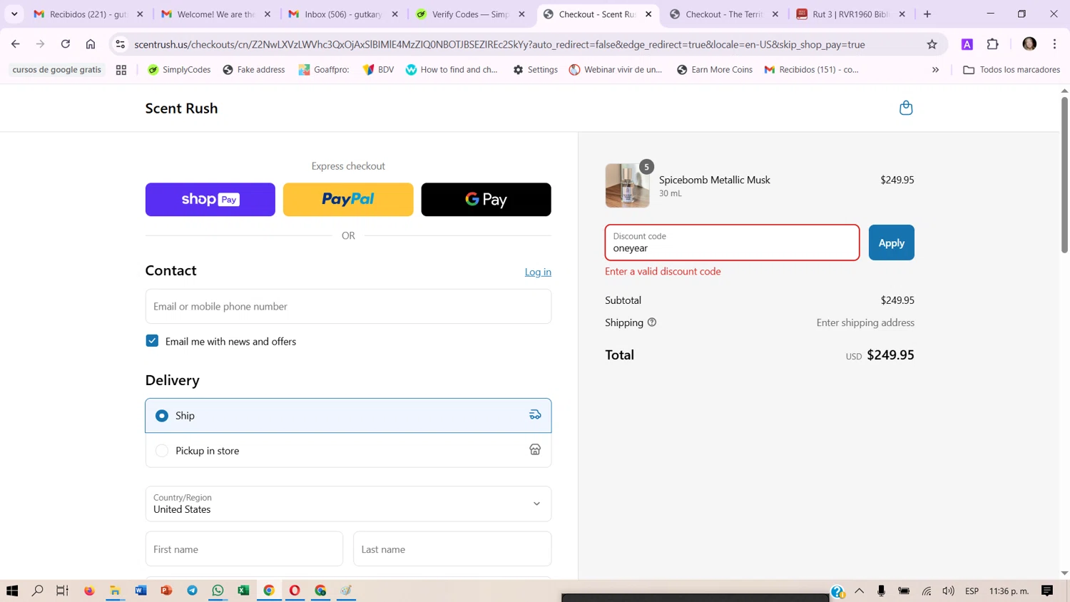 Scent Rush discount code screenshot showing code oneyear applied at Scent Rush checkout page. Uploaded by SimplyCodes community member CaisbelGutFig on Mar 17, 2025