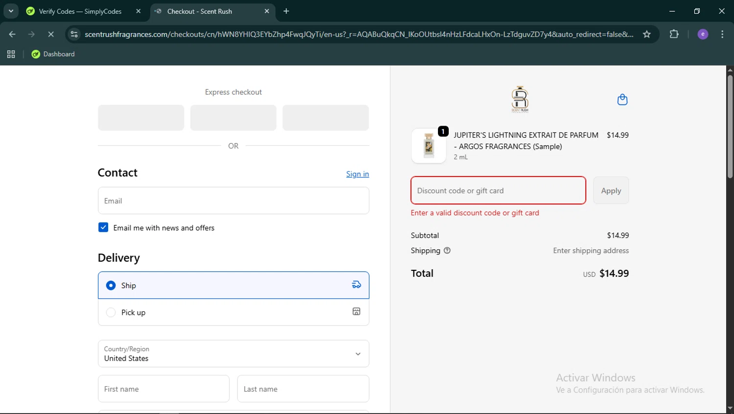 Scent Rush discount code screenshot showing code oneyear applied at Scent Rush checkout page. Uploaded by SimplyCodes community member Esteban14 on Feb 8, 2026