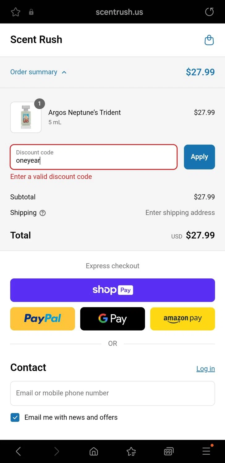 Scent Rush discount code screenshot showing code oneyear applied at Scent Rush checkout page. Uploaded by SimplyCodes community member Carbon132 on Mar 17, 2025