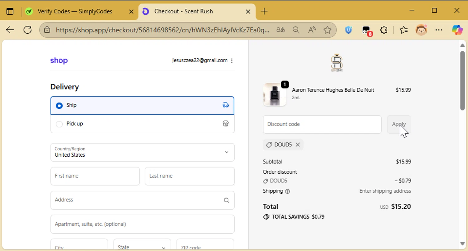 Scent Rush checkout page showing Scent Rush discount code box | Screenshot taken by SimplyCodes community member on Oct 11, 2025