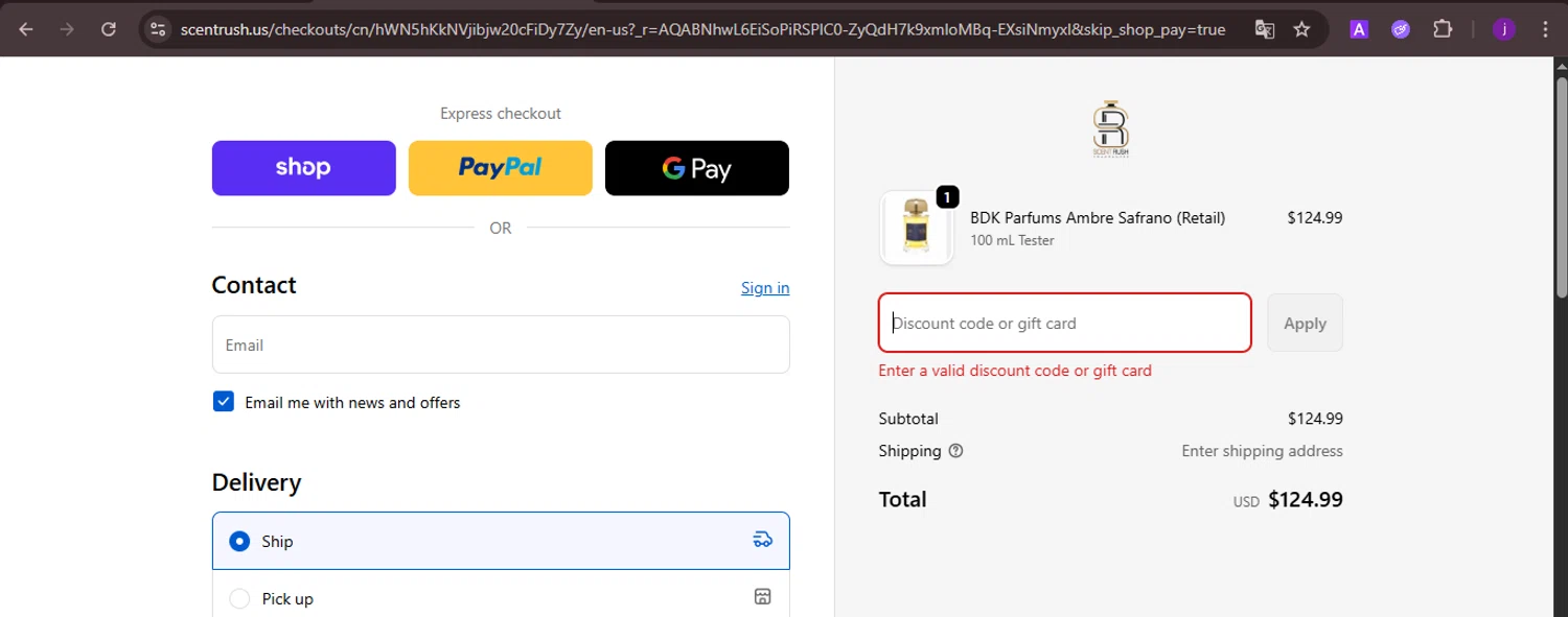 Scent Rush discount code screenshot showing code DOUD5 applied at Scent Rush checkout page. Uploaded by SimplyCodes community member CoinMaverick1452 on Nov 25, 2025