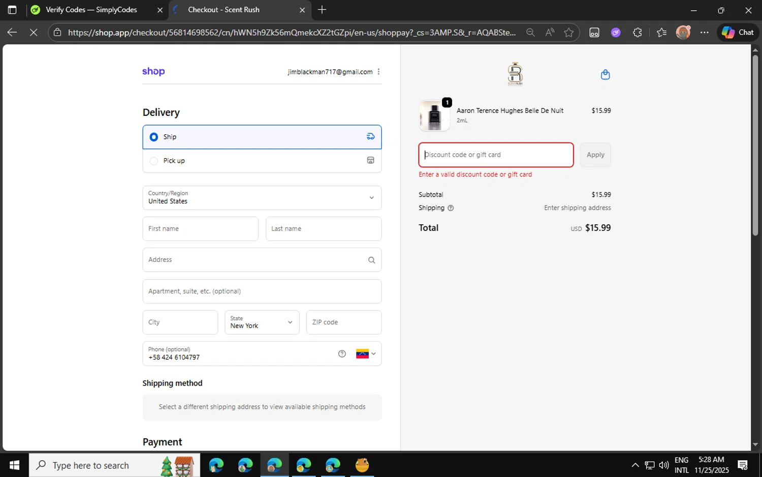 Scent Rush discount code screenshot showing code DOUD5 applied at Scent Rush checkout page. Uploaded by SimplyCodes community member CouponPro4243 on Nov 25, 2025